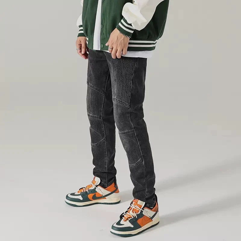 Street Fashion Men Jeans Retro Black Gray Elastic Stretch Slim Fit Biker Jeans Homme Spliced Designer Patched Hip Hop Pants Men