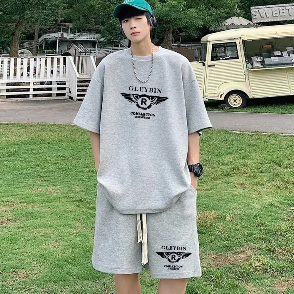 thumbnail image 1 of Conjunto deportivo informal coreano de verano con capucha y estampado de gofres para hombre, pantalones cortos holgados de manga corta, conjunto de 2 piezas, chándal con estampado de moda, 1 of 5