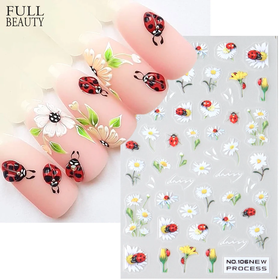 Ladybug Nail Art Stickers 3D Summer Cute Animal Bird Bee Decal Leaves Daisy Florals Slider Manicure Decoration Nail Tips Beauty