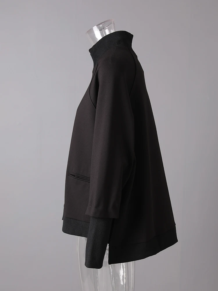 [EAM] Loose Fit Black Irregular Sweatshirt New Turtleneck Long Sleeve Women Big Size Fashion Tide Spring Autumn 2026 JQ021