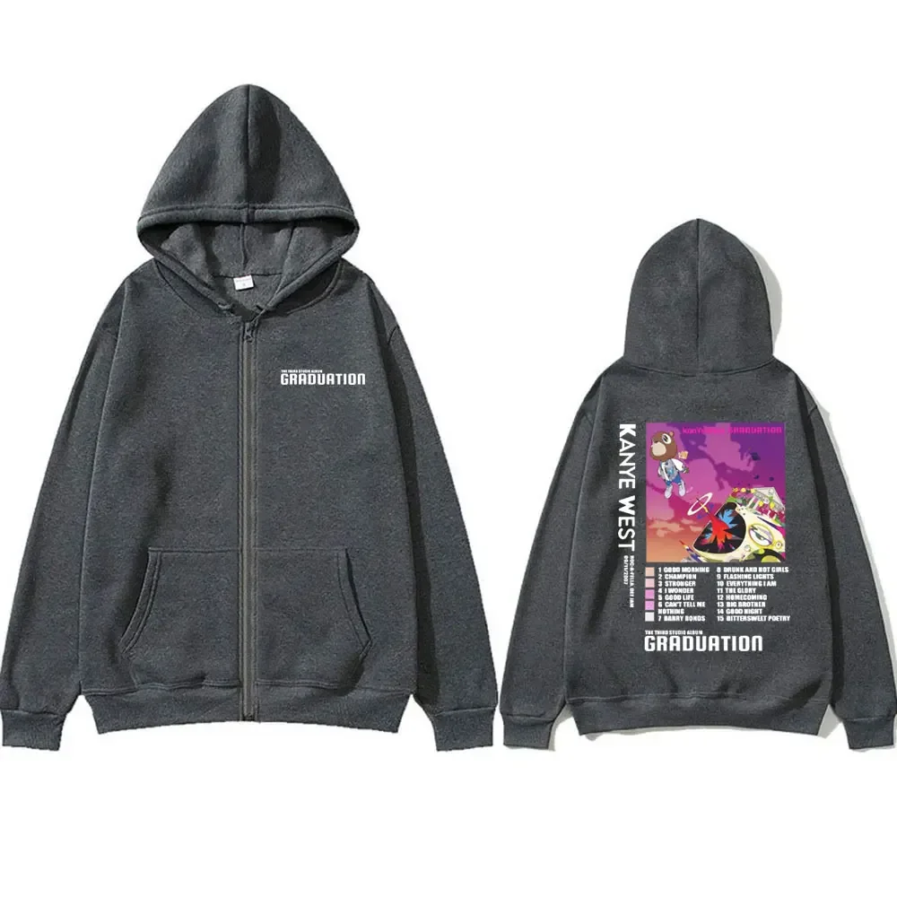 Rapper Kanye West Graduation Print Zipper Hoodie Men Fashion Hoodies Man Hip Hop Vintage Zip Up Jacket Male Oversized Sweatshirt
