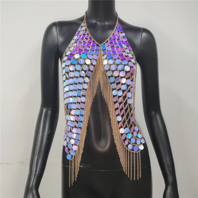 Metallic Sequin Backless Tassel Tops 24
