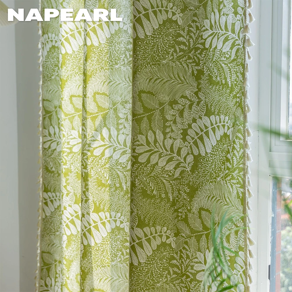 

NAPEARL Village Style Green Printed Curtain with Tassel Curtain Window Blinds for Living Room Bedroom Decor 1PC