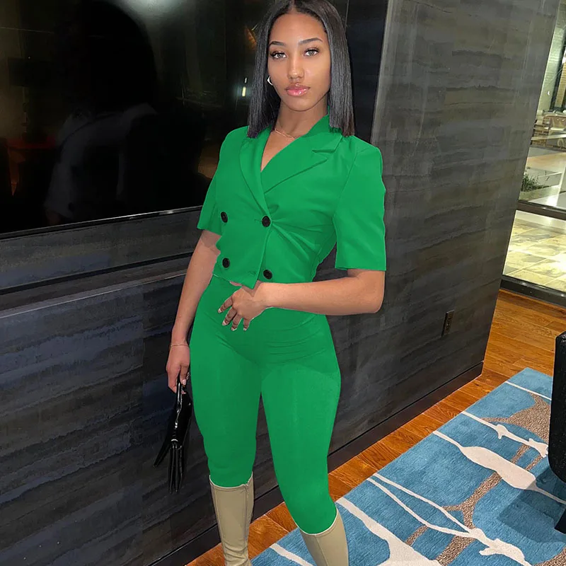 

Streetwear Two Piece Set for Women Suit Summer Double-breasted Blazer Top and Pants Matching Sets Gothic Elegant Office Outfits