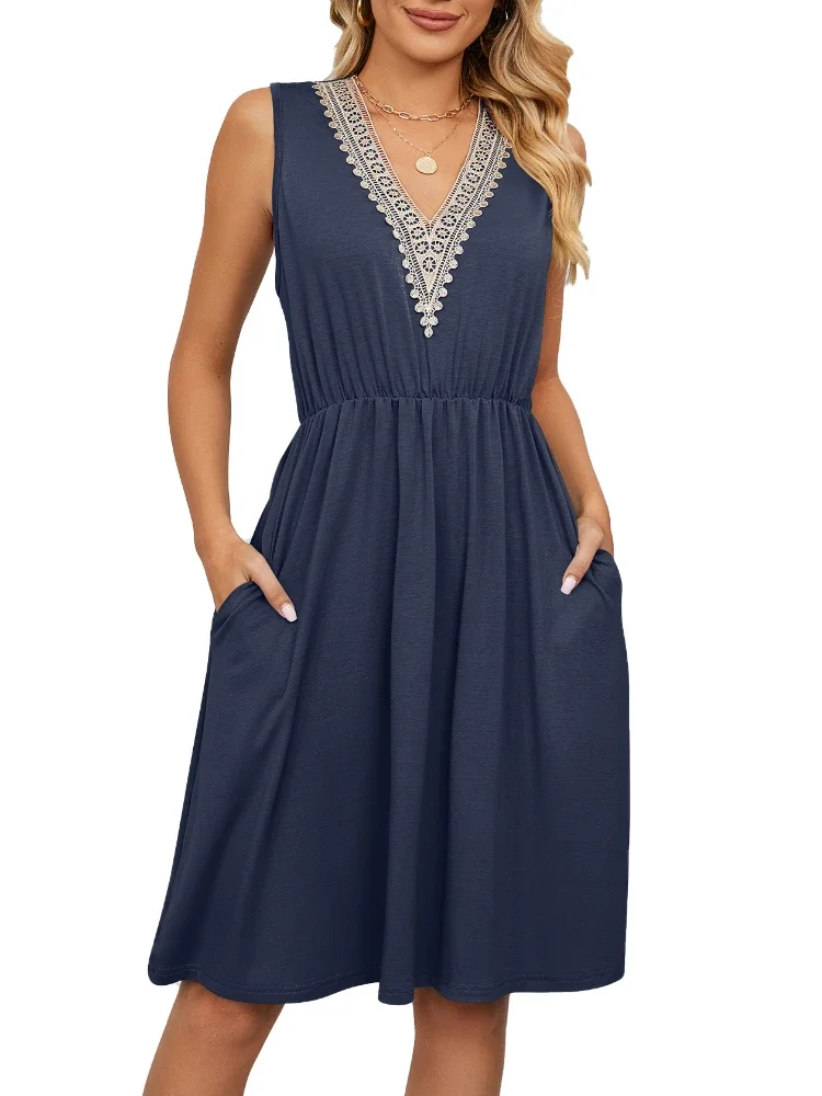 

Spring and summer women's sleeveless V-neck solid color casual dress