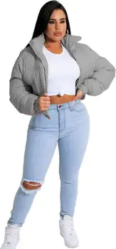Puffer Jacket Womens Cropped Zip Casual Cotton Coat Up Padding Warm Jackets Winter Coats 4