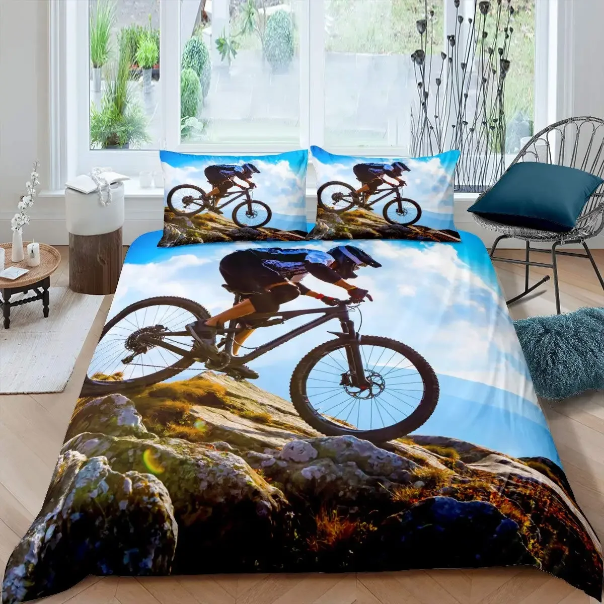 Bicycle Rider Duvet Cover Toddler Size for Kids,Mountain Bike Bedding Set for Teens Adults,Watercolor Quilt Cover