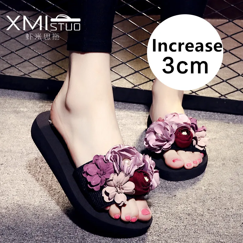 

Summer Beautiful Home Slipper Flower Korean Women Sandals House Slides Low Heels Beach Girls Strech Fabric Flip Flops Women