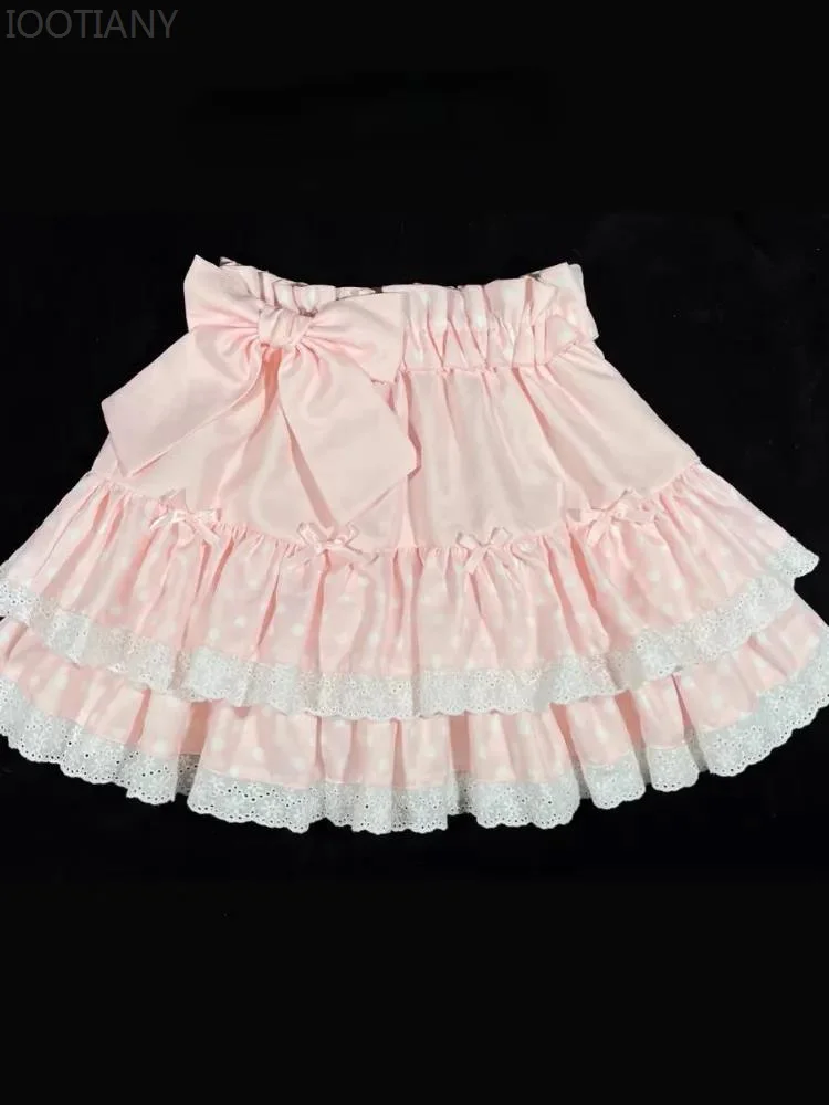 

Summer Sweet Bow Lolita Cake Skirts Womens Kawai Lace Ruffles Pleated Skirt Girl Japan Elegant High Waist A-Line Y2k Short Skirt