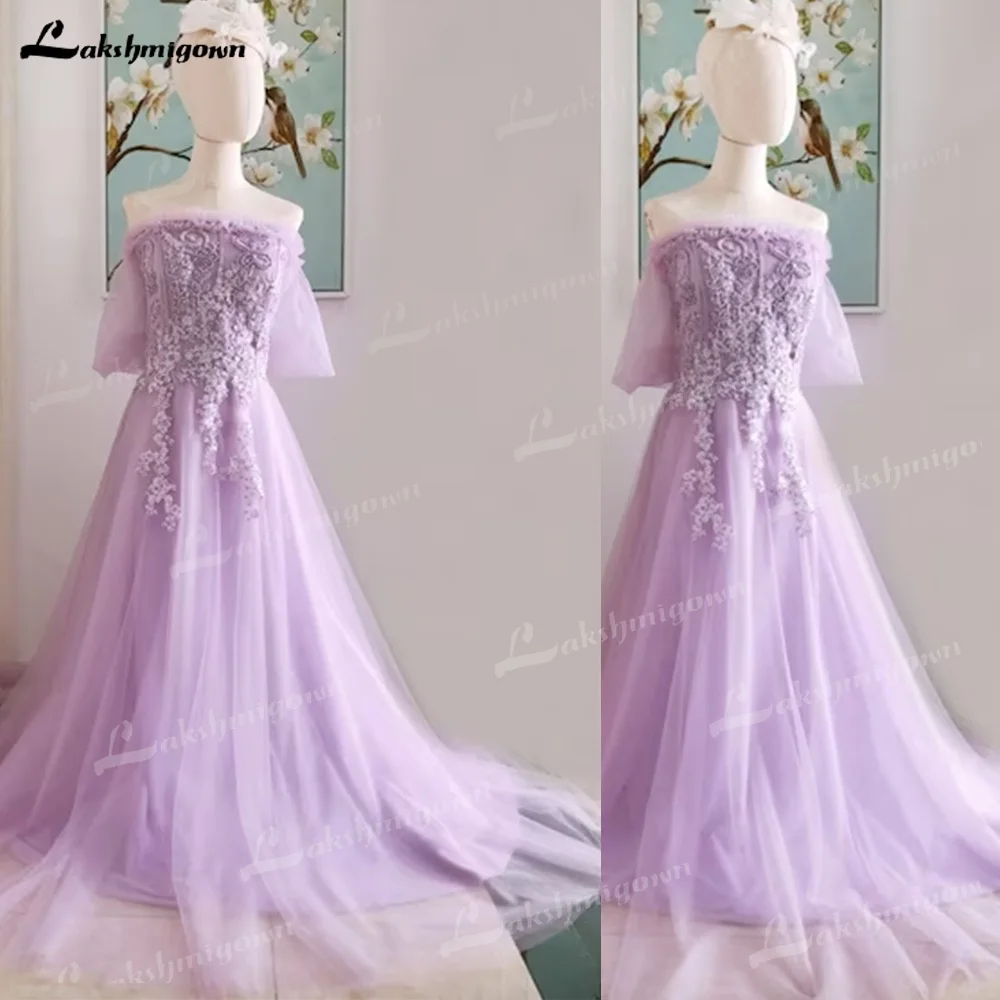 

Lilac Off Shoulder Tulle Lace Prom Dress Lantern Sleeve Vintage Prom Evening Dress Purple Lilac Fairy Birthday Dress Beaded