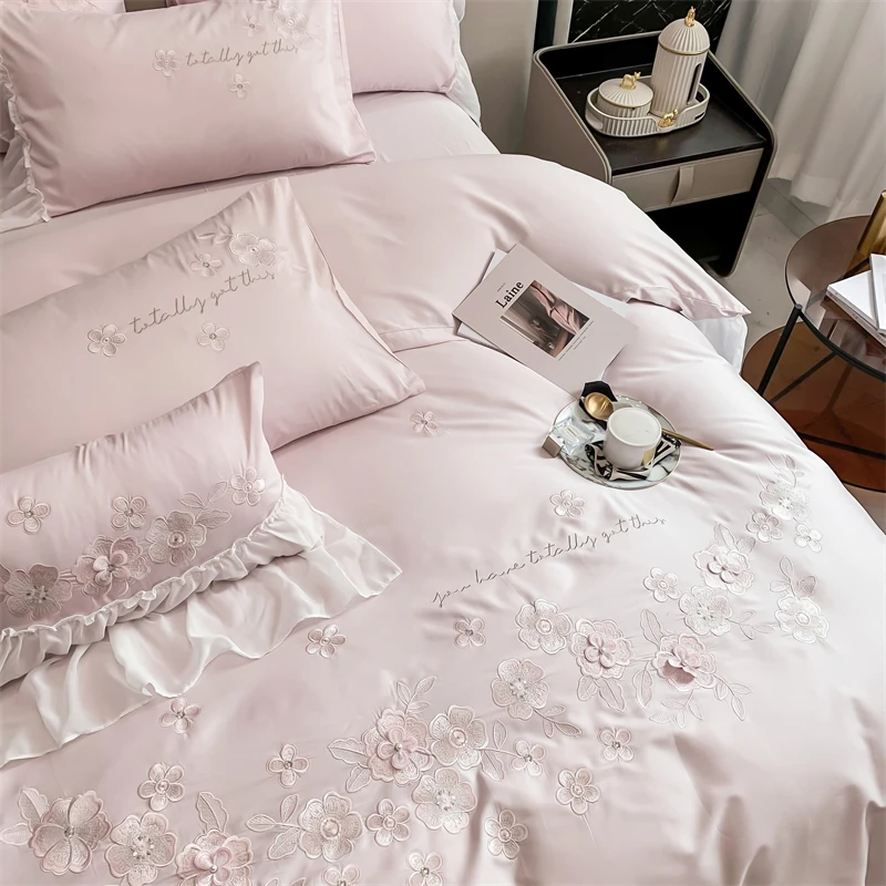 Waliicorners Lace Edge Quilt Duvet Cover Set Bed Linen Pillow Shams 1200TC Egyptian Cotton Silvery Flowers Embroidery Princess Bedding Set 8 Sb6e9af82922748d4bb26b6e65d2f076dp