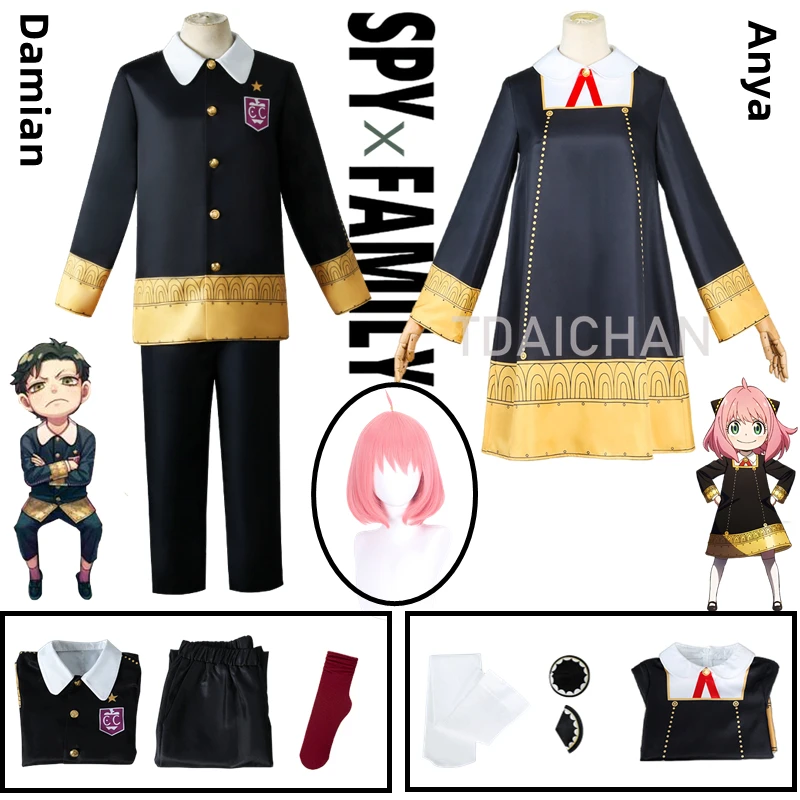 

Anime Spy X Family Anya Forger Damian Desmond Cosplay Costumes Wig Black Dress Top Kids Adults Girls School Uniform Eden Academy