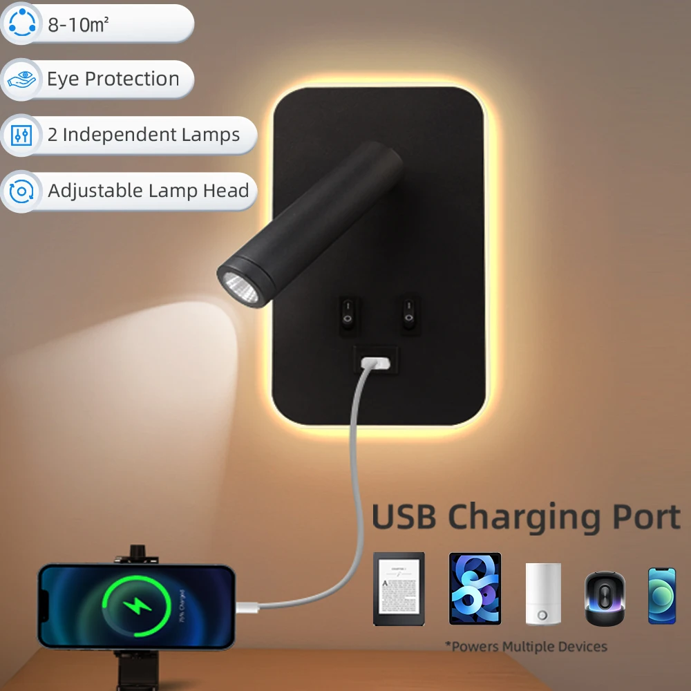 Bedside Wall Lamp LED with USB Charging Port For Kitchen Table Office Living Room Wall Mounted Reading Light Home Spotlights Led 2
