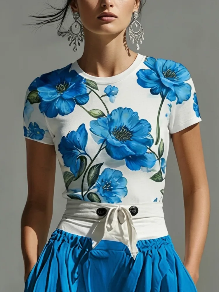 Yeezzi Damen Elegante Blaue Blumenmuster-Oberteile 2026 Neu Kurzarm Rundhals Slim Fit Lässige Sommer-T-Shirts