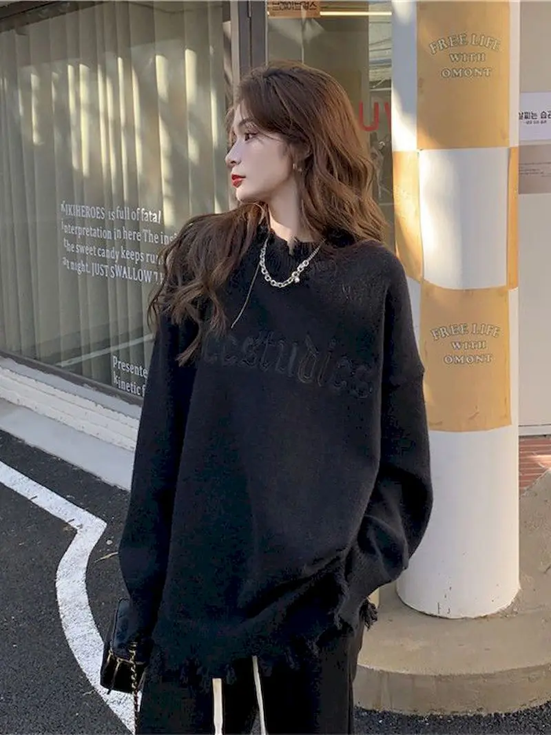2022 New Women Spring Autumn Letter Embroidery Sweater Oversize Ripped Sweater Pullovers Women's Half Turtleneck Knitted Y2k Top sweater hoodie