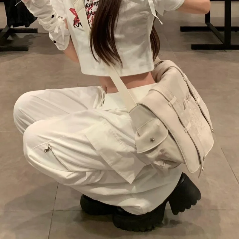 Deeptown Y2k Streetwear White Cargo Pants Women Hippie Oversize Jogger Korean Style Wide Leg Trousers Harajuku Fashion Kpop Girl