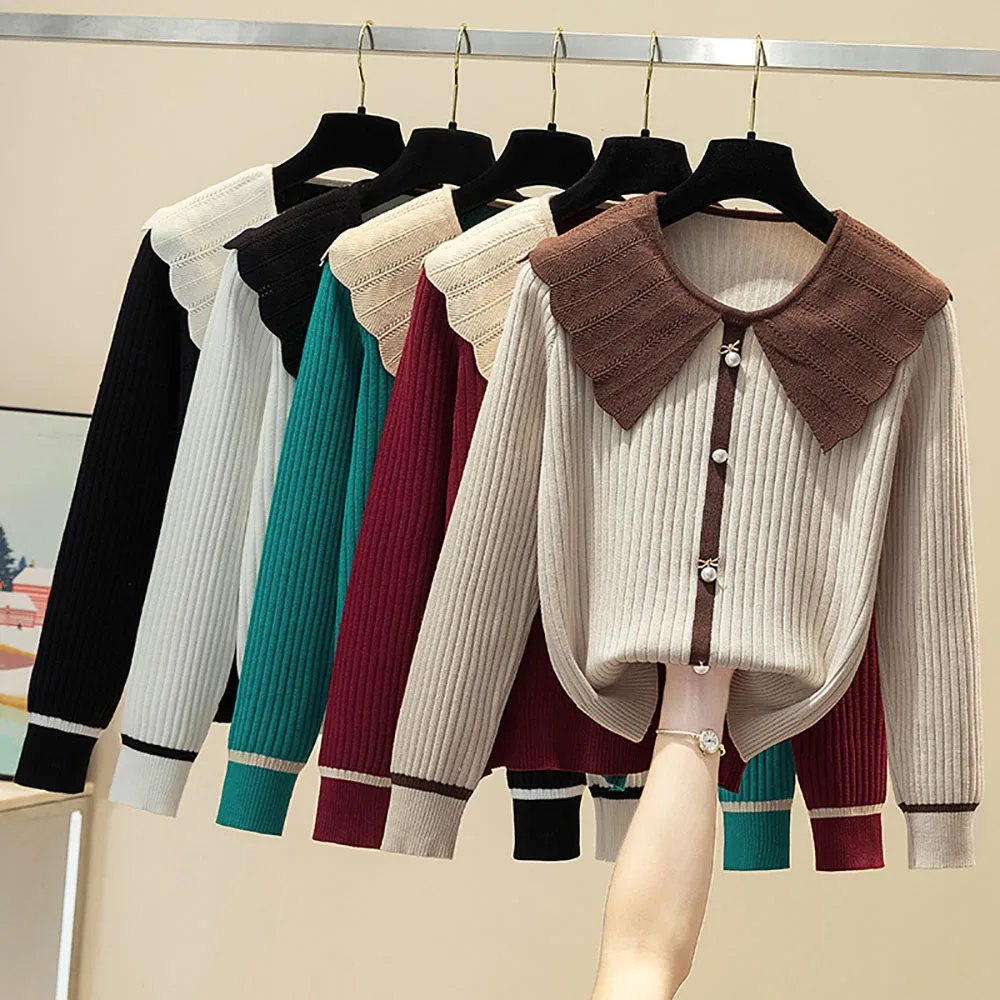 Sweet Peter Pan Collar Knitted Sweater Women 2023 New Elegant Pearl