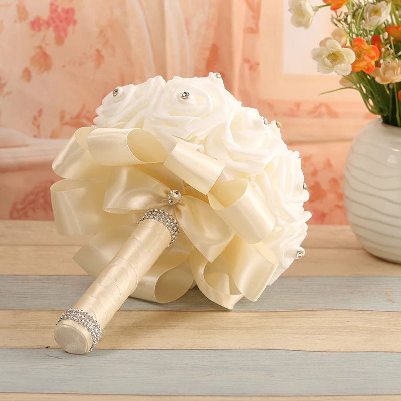 PE Rose Bridesmaid Wedding Foam flowers Rose Bridal bouquet Ribbon Fake Wedding bouquet wedding bouquets artificial rose flowers
