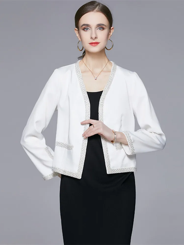 

Tweed Splicing Jacket Coat Women Beading Pocket Office Coat