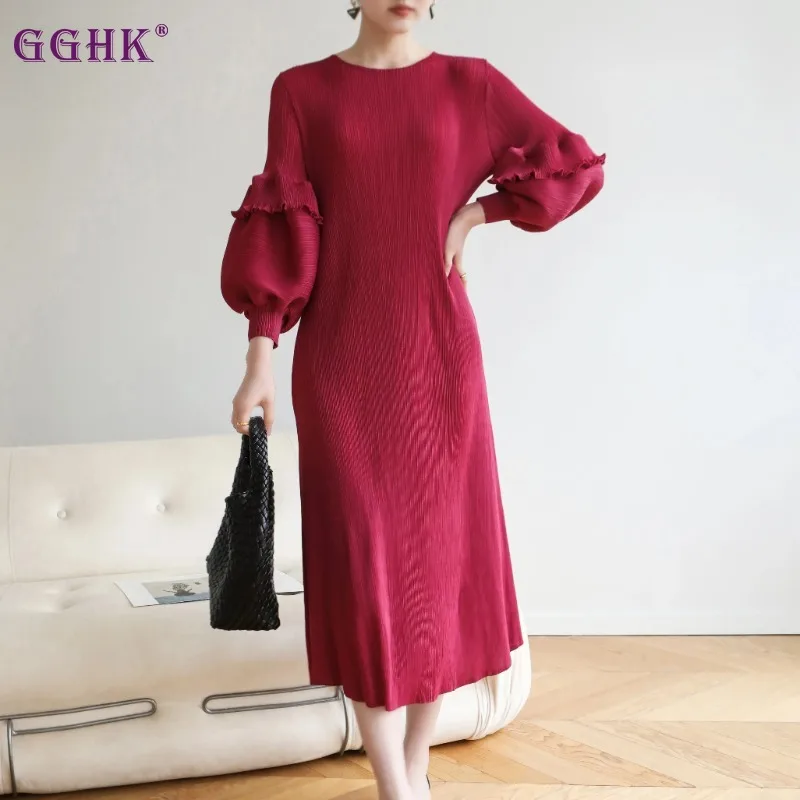 

Женское плиссированное платье GGHK Miyake, элегантное Свободное платье для выпускного вечера с круглым вырезом и рукавами-фонариками