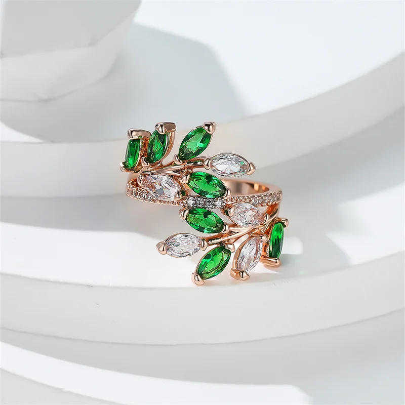 Marquise Cut Multicolor Zircon Leaf Ring in Rose Gold Boho Style
