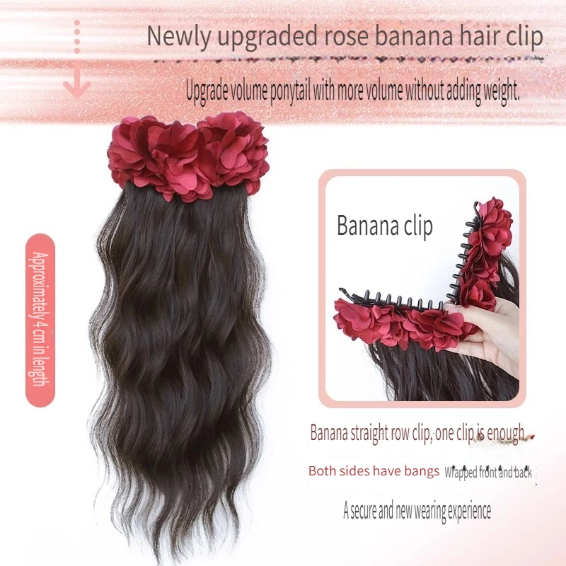 18Inch Water Wave Synthetic Claw Clip Ponytail Hair Extension With Red Flower Banana Clip Layered Ponytail for Women Daily Use