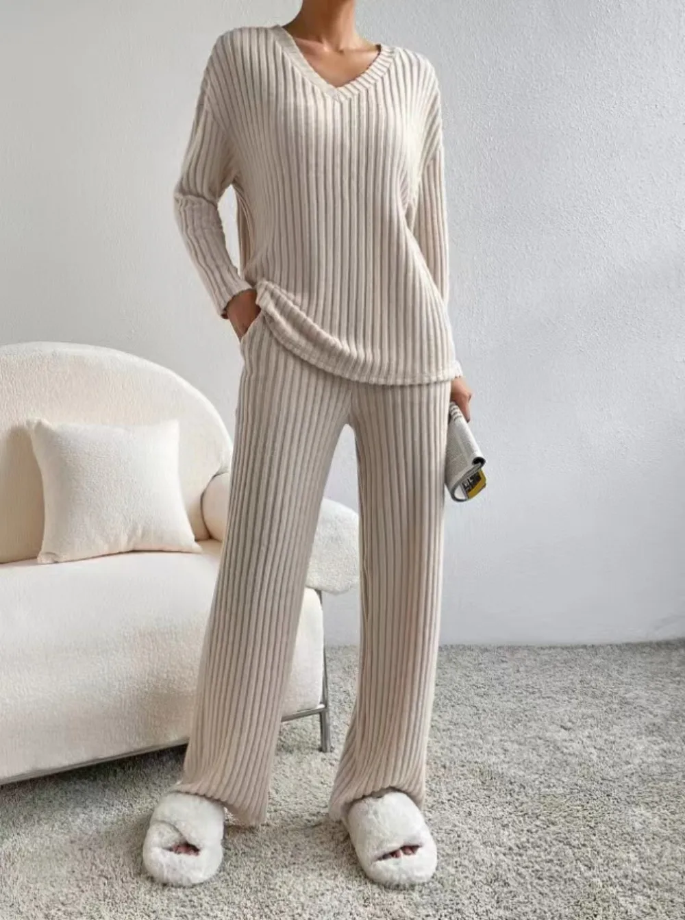 Women 2pcs Knitted Loungewear Set Loose Long Sleeve Sweater Straight Pants Headband Pajamas Loungewear Pajama Set Two Piece Set