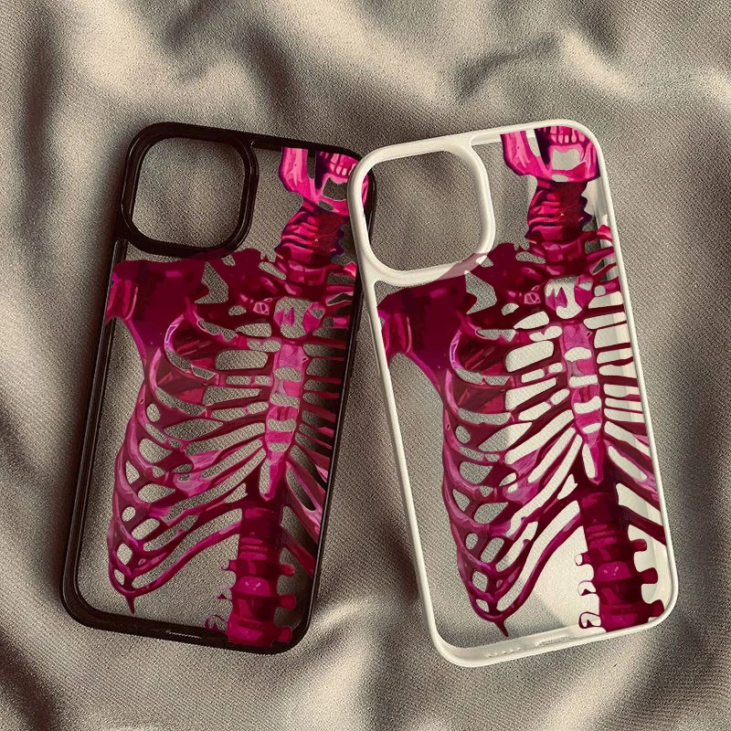 Pink Purple Skull Transparent Phone Case with Y2K Skeleton Print