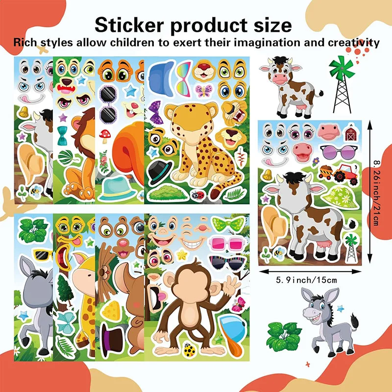 Cartoon Jungle Animal Stickers for Kids Toddler Make Your Own Animal Make-a-face Sticker Sheets Children DIY Puzzle Jigsaw Toys Cartoon Stickers Cartoon Animal Stickers Animal Stickers Puzzle Stickers Decorative Stickers