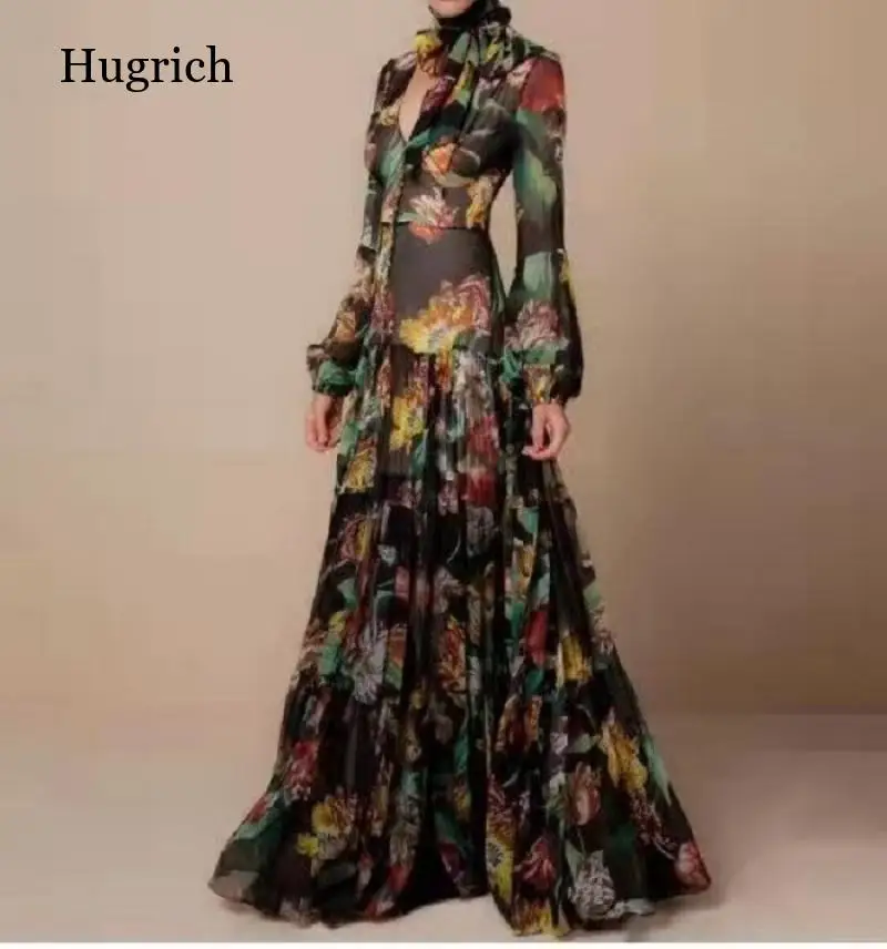 

2022 Summer New European And American Fashion Temperament Printing High Waist Hanging Neck Long Bubble Sleeve Dress Dress Women