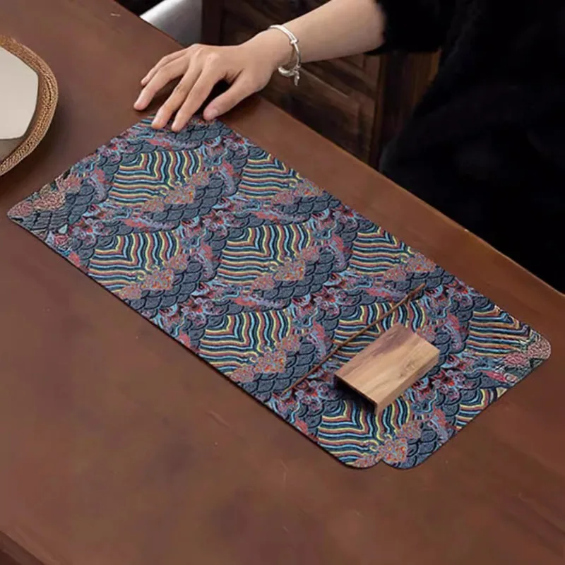 Double-Sided Brocade Tea Mat - Chinese Zen Style Non-Slip Dry Brewing Pad for Tea Ceremony Vintage Table DecorTraditionalCoaster