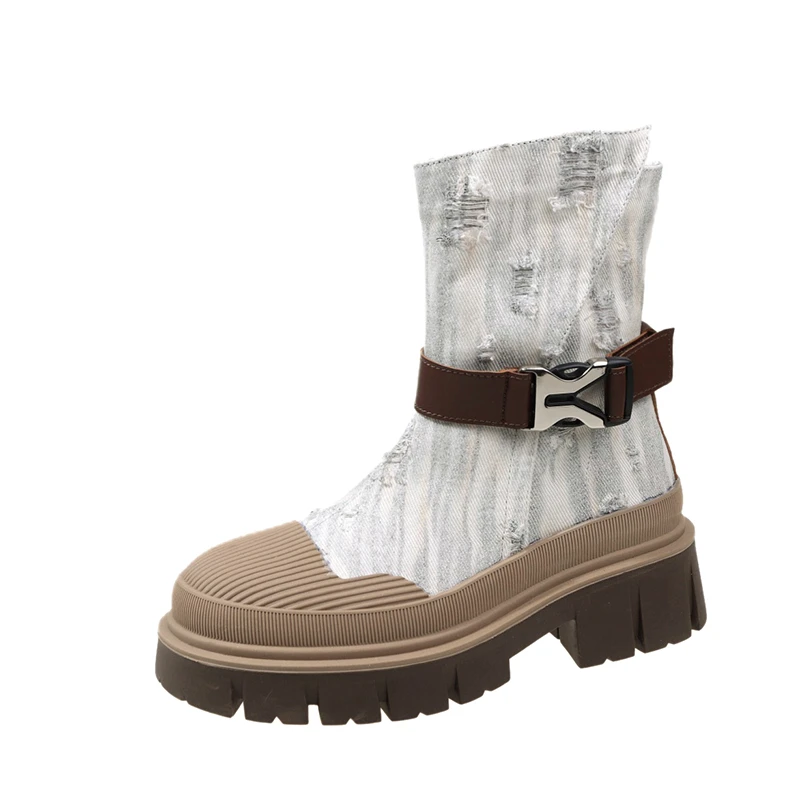 Blue Denim Women's Boots 2023 Korean Fashion Round Toe Ladies Short Barrel Boots Simple Versatile Casual Boots Zapatos De Mujer