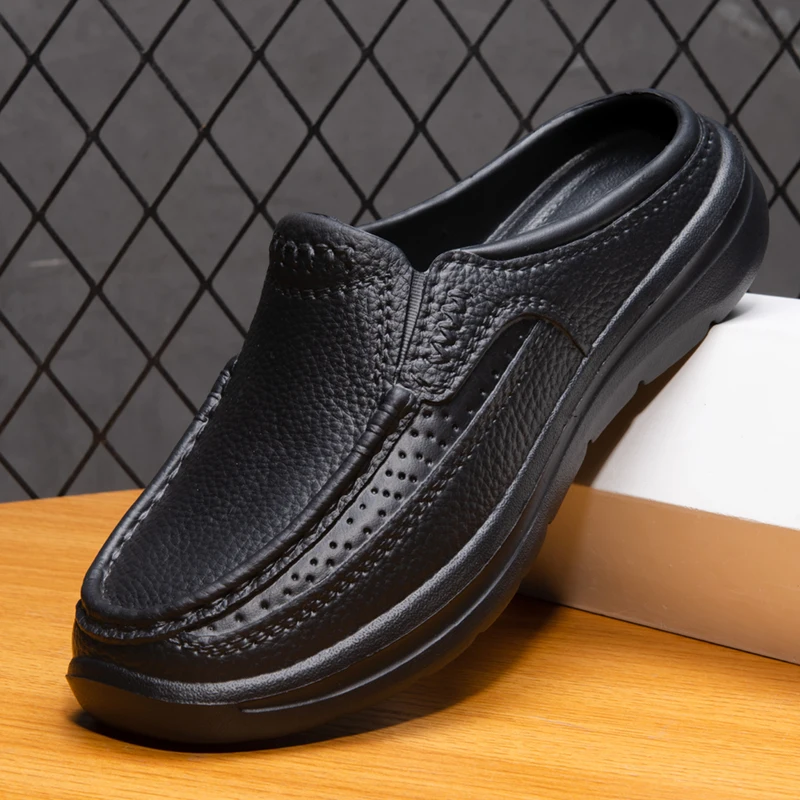 Casual loafers garden clogs waterproof non-slip chef shoes large size comfortable black leather shoes outdoor fishing