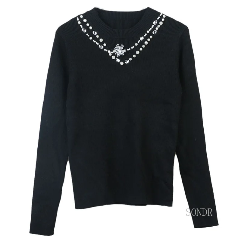

Korean Fashion Sweater 2024 Women Round Necked Pullover Long Sleeved Slim Fitting Beaded Diamond Solid Color Knitted Tops Jumper