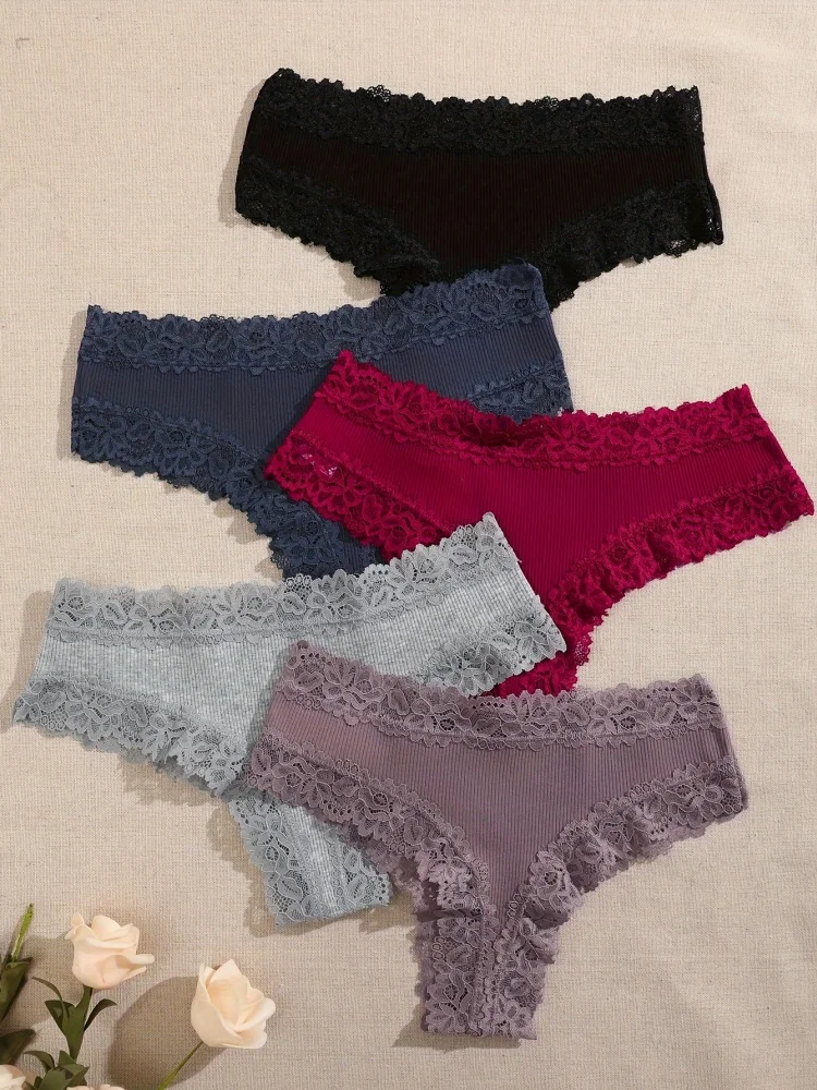 3 Teile/satz Frauen Baumwolle Höschen Floral Spitze Brasilianische Höschen Sexy Low Taille Dessous Weibliche Weiche Unterwäsche Solide T-Zurück Bikini – Detail 14