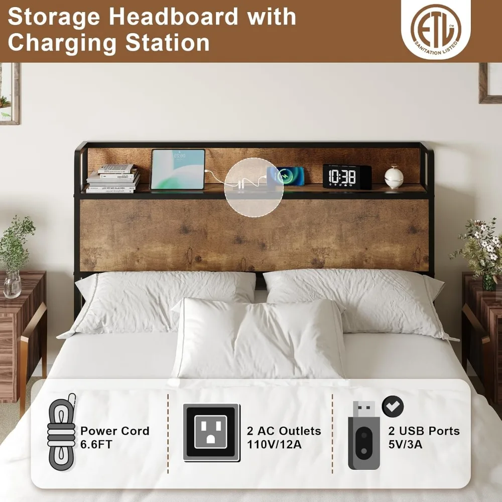 Lifting Storage & Charging Station, No Spring Box Needed/Noise Free, Rustic Brown, Bed Bases & Frames 6