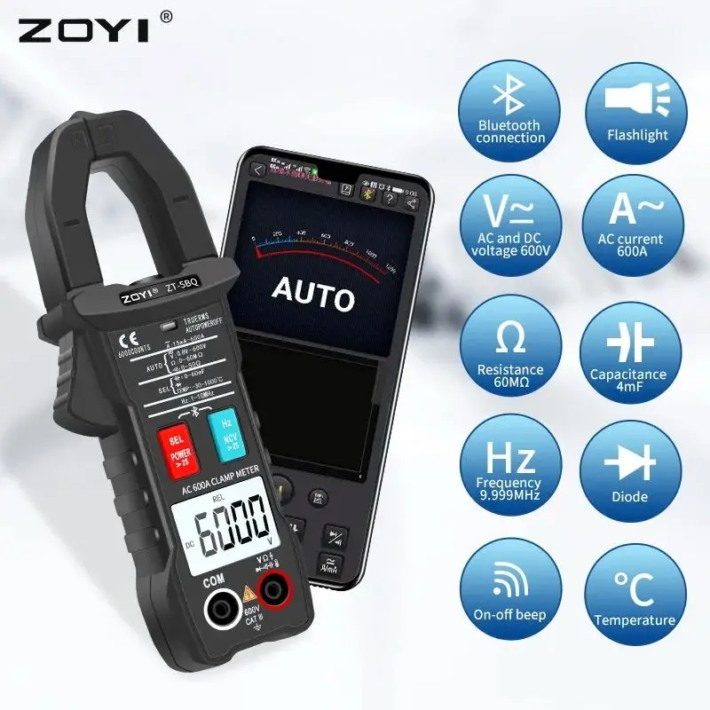 Digital Multimeter 5BQ Bluetooth 6000 Count True RMS DC/AC Voltage Tester AC Current Hz Capacitance Ohm