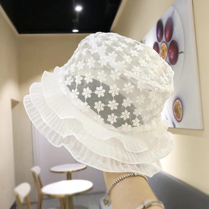 

Spring Ins Embroider Flower Bucket Hat Mesh Breathable Summer Women Sun Hat Soft Foldable Short Brim Fedora Hat Women