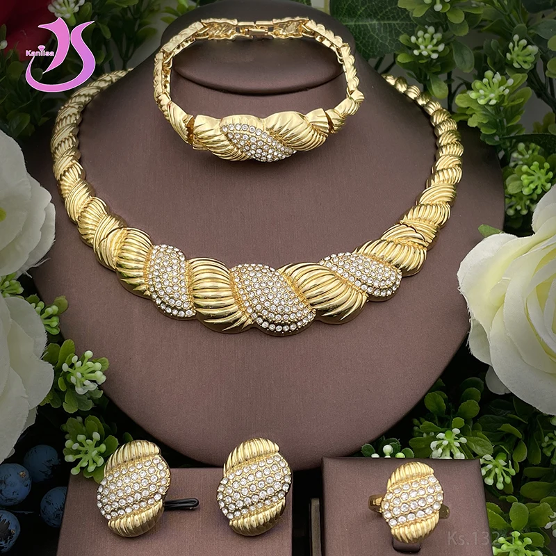 

Women's Jewelry Set Italian Gold Plated Fashion Jewelry With Rhinestone Twisted Shape Necklace Set