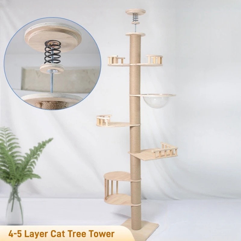 Árbol para gatos de piso a techo, Torre ajustable para gatos, condominio de varios niveles con almohadilla para poste de rascado, hamaca para mascotas, Centro de Actividades para gatos