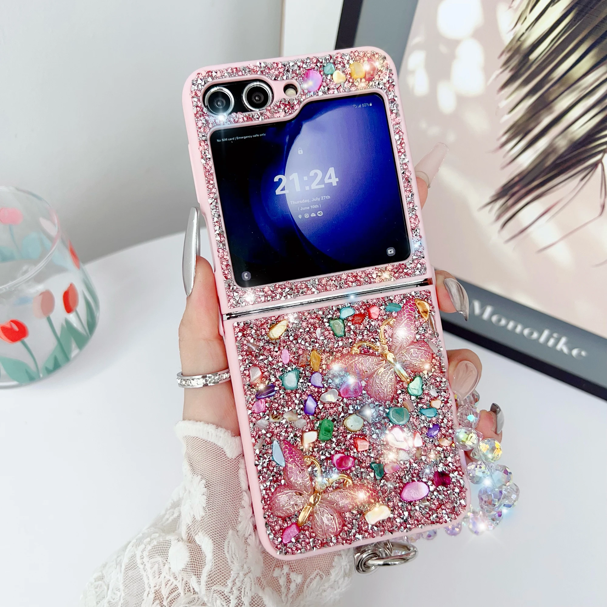 Per Samsung Galaxy Z Flip 3 4 5 6 Custodia per telefono con cinturino a farfalla in pietra colorata e cristallo scintillante elegante e carina_voghion.com