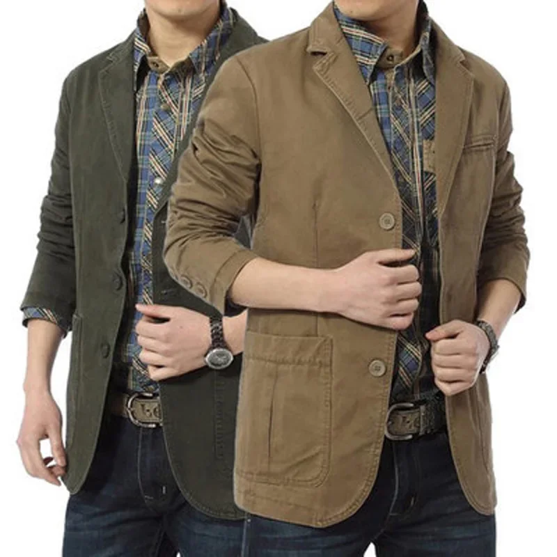 Men suits jackets: men casual blazers cotton denim parka slim fit jackets army green khaki big size M-XXXXL