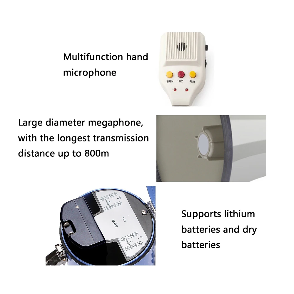  Megáfonos al aire libre 50w Megáfono de mano Altavoz de alta  potencia Grabable Bullhorn Volumen Fuerte Gran Megáfono Portátil Altavoz :  Deportes y Actividades al Aire Libre