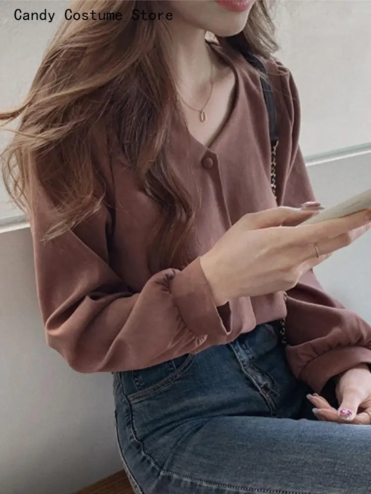 Female Shirt Summer Chic Women's Retro V-neck Long-sleeved French Gentle Collarbone Button Up Solid Top Temperament Shirt