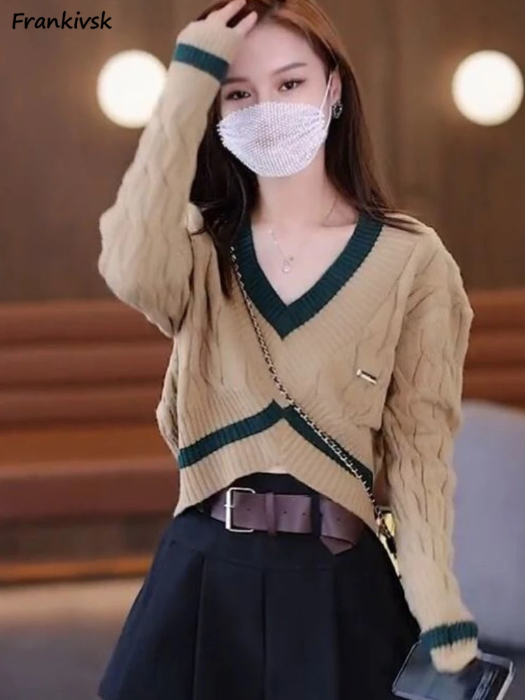 

Sweaters Women Long Sleeve V-neck Autumn Warm Streetwear Cropped Knitwear Sweet Elegant Simple All-match Korean Style Leisure
