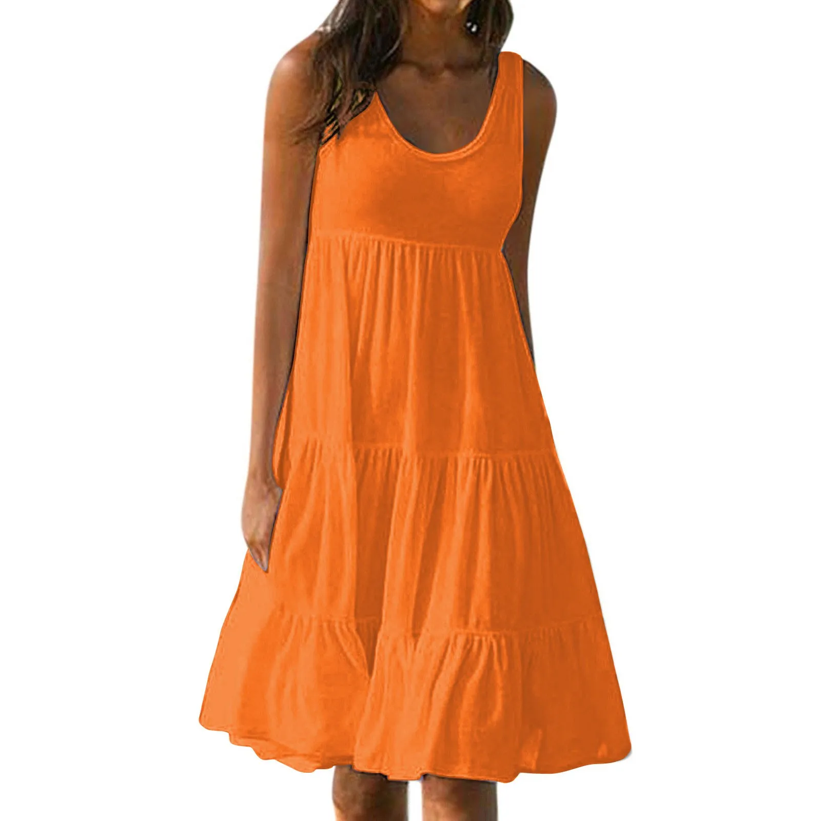 

Women's Vest Dresses Summer Pleated Bohemian Dresses Ladies Cute Sleeveless Sundress Flowing Beach Ruffles Loose Dress