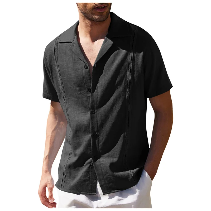 Men's Short Sleeve Beach Shirt Fashion Lapel Solid Cardigan Loose Casual Linen Shirt