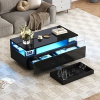 Table basse, 90×45×35,5 cm, avec plateau et éclairage LED. Table de salon haute brillance avec 2 tiroirs, structure de support en verre trempé, noir. 1