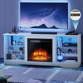 58 Inches Fireplace TV Stand for TVs up to 65 Inches Console with 18'' Electric Fireplace & Remote, Wooden Modern Entertainment 5