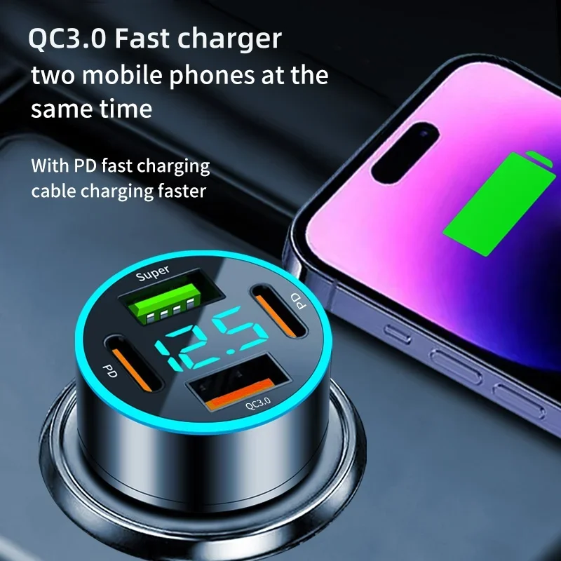 4 Port PD QC3.0 USB C Car Charger Fast Charging Type C Car Phone Charger Adapter For iPhone Samsung Xiaomi Huawei LED Display